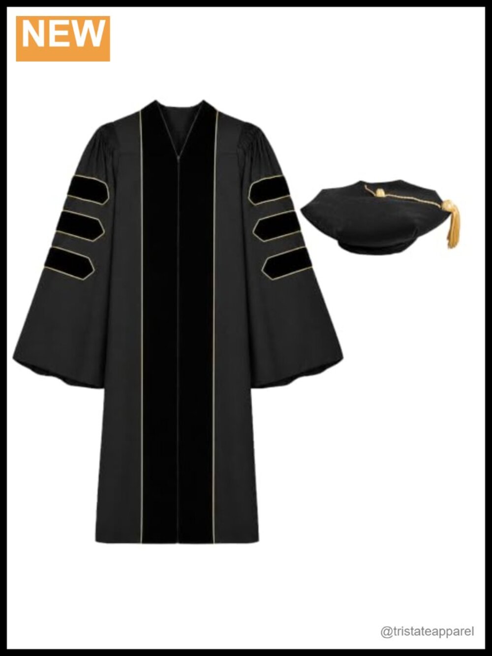 Doctoral Graduation Gown & 8-Sided Tam Set with Gold Piping